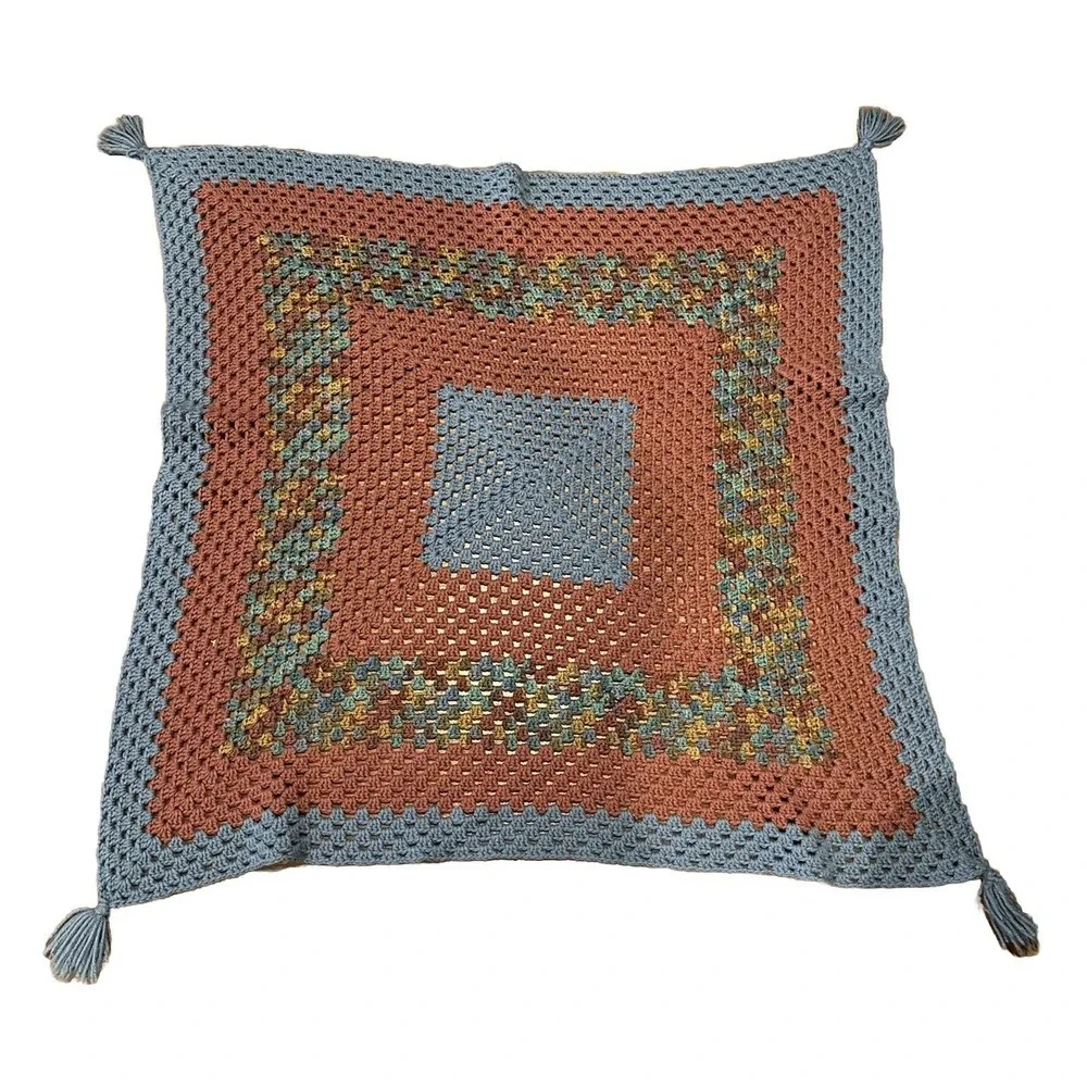 Vintage Handmade Crochet Afghan Rainbow Granny Square Blanket Lap Throw 45x48 In